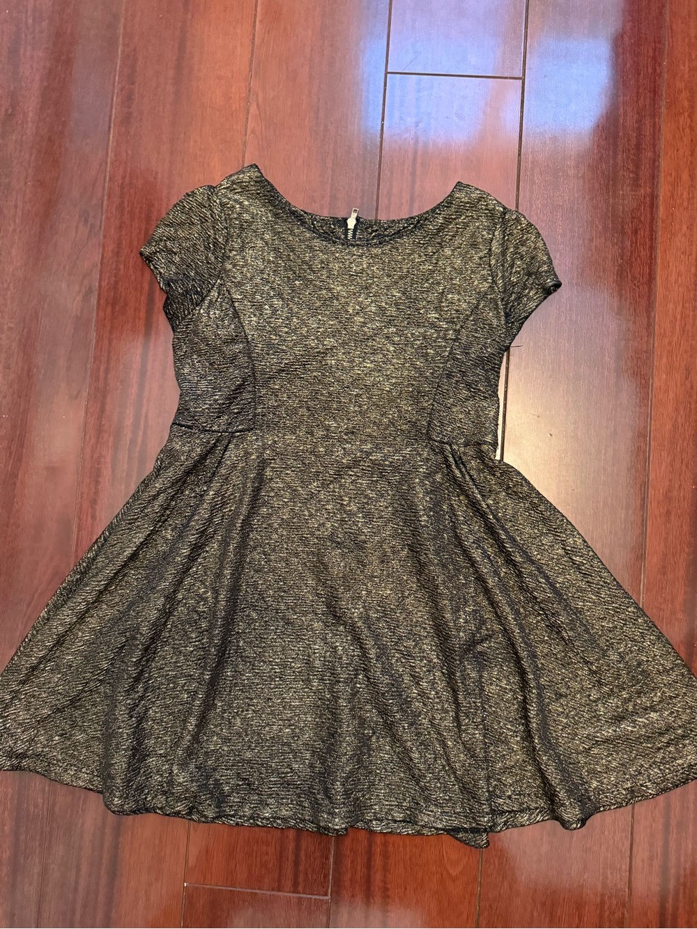 Girls Metallic Black Short Sleeve Skater Dress